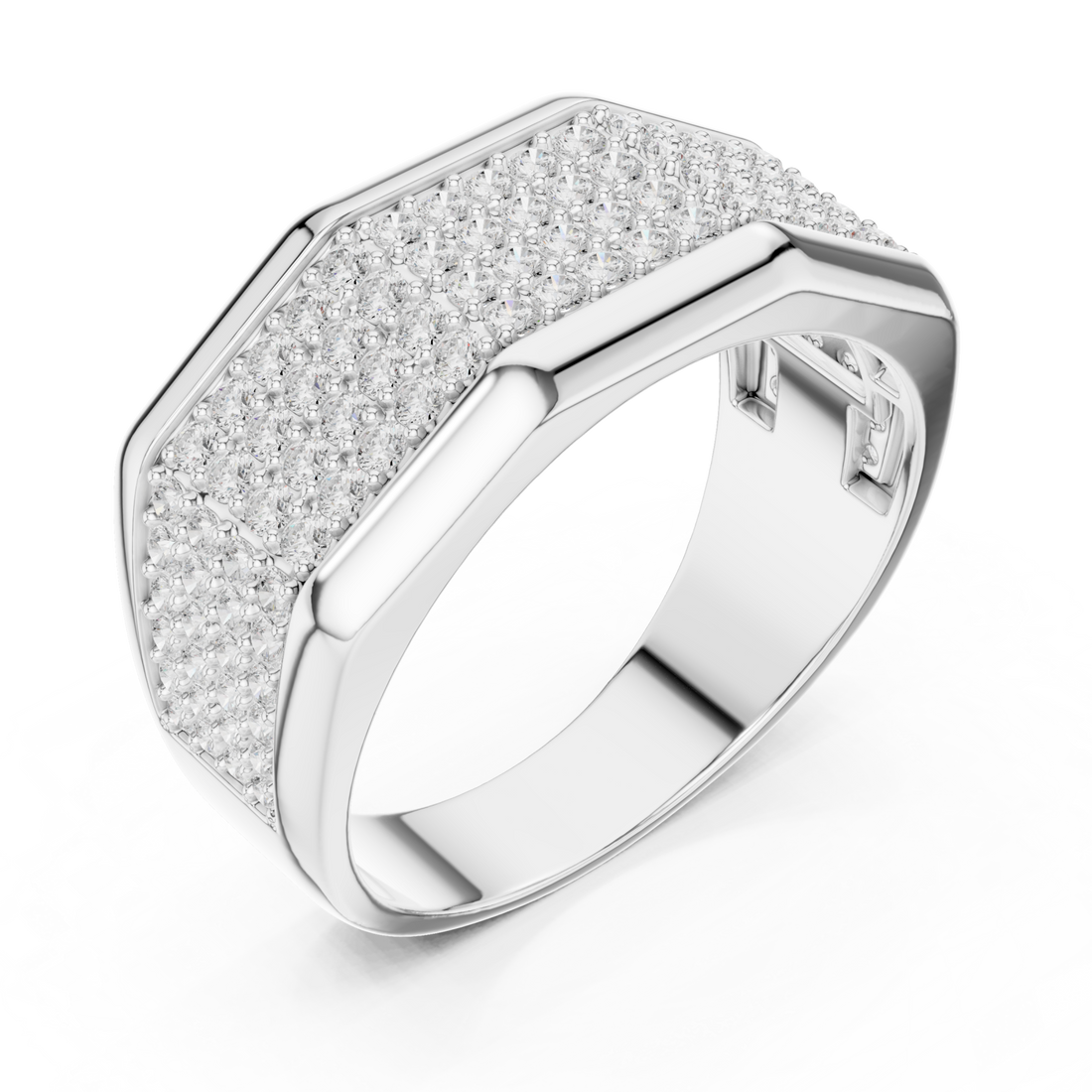  White Gold Octagon Pave Signet Ring for Him Front View
