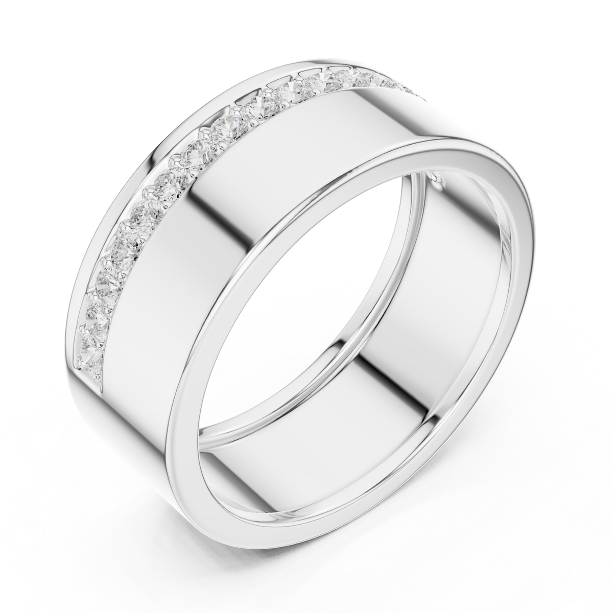  White Gold Offset Pave Line Cigar Band for Him Front View