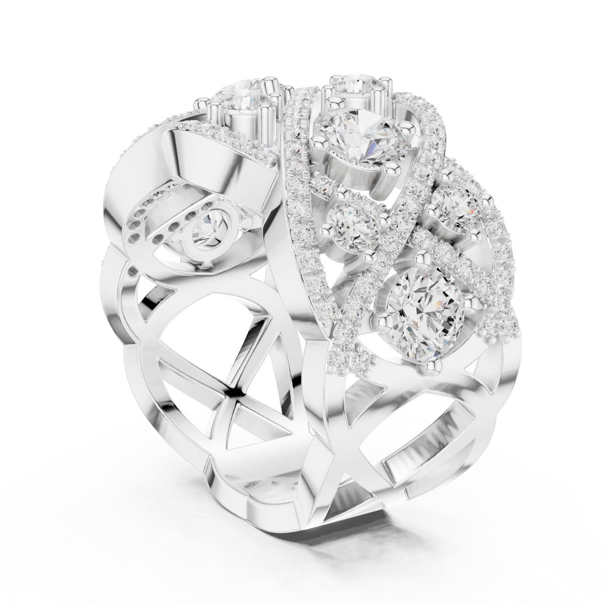 Openwork woven lattice cocktail ring white gold side view