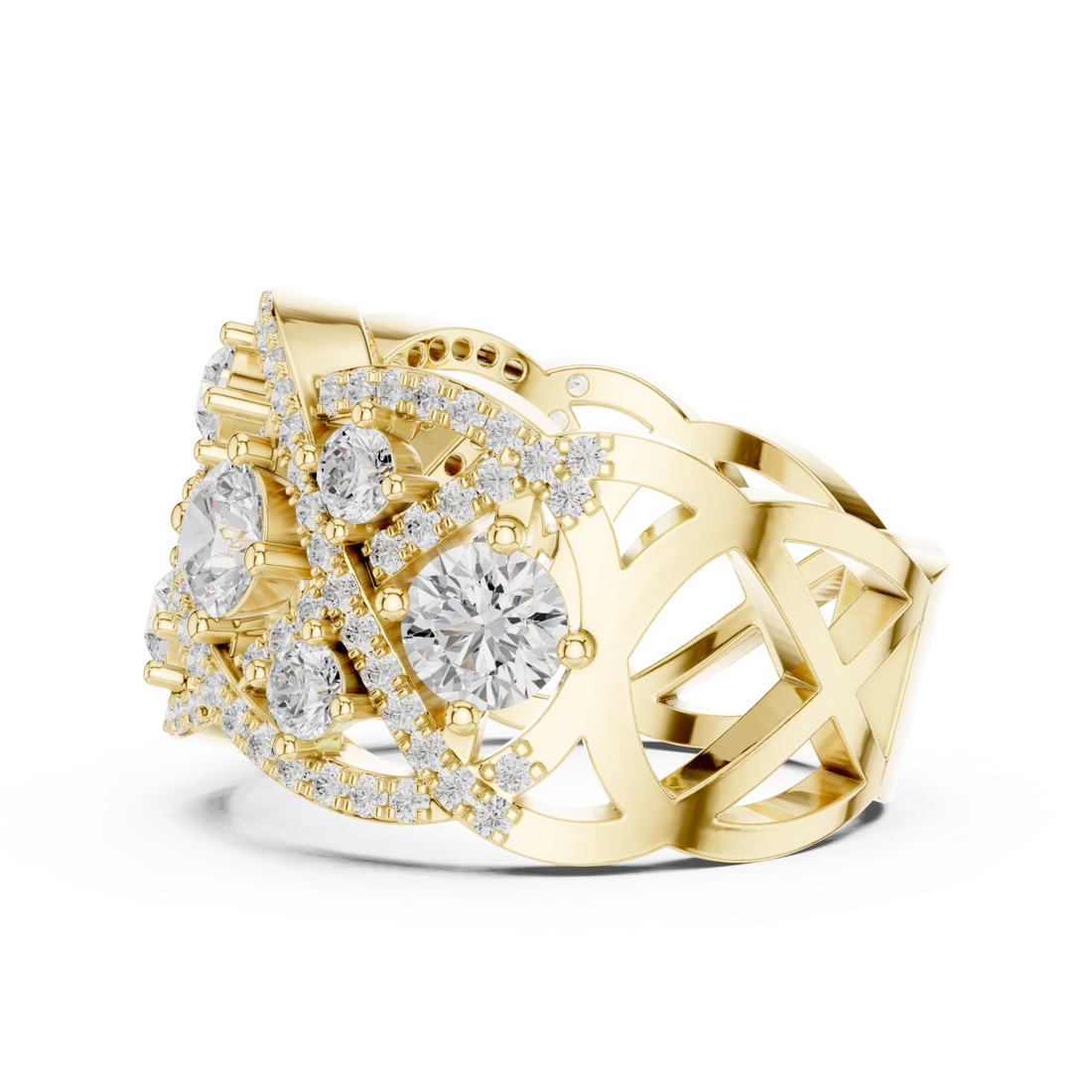 Openwork woven lattice cocktail ring yellow gold front view