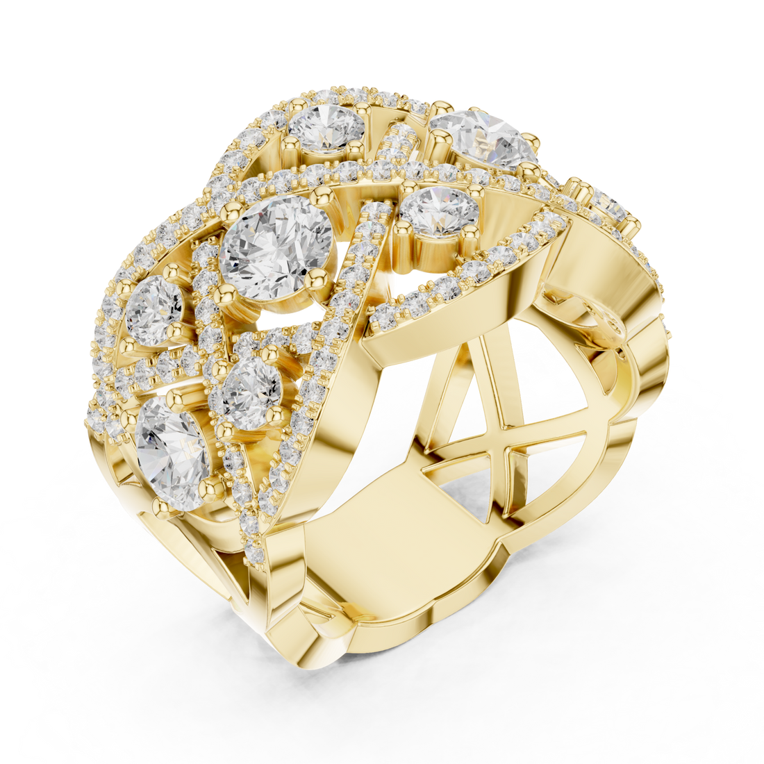Openwork woven lattice cocktail ring yellow gold front view