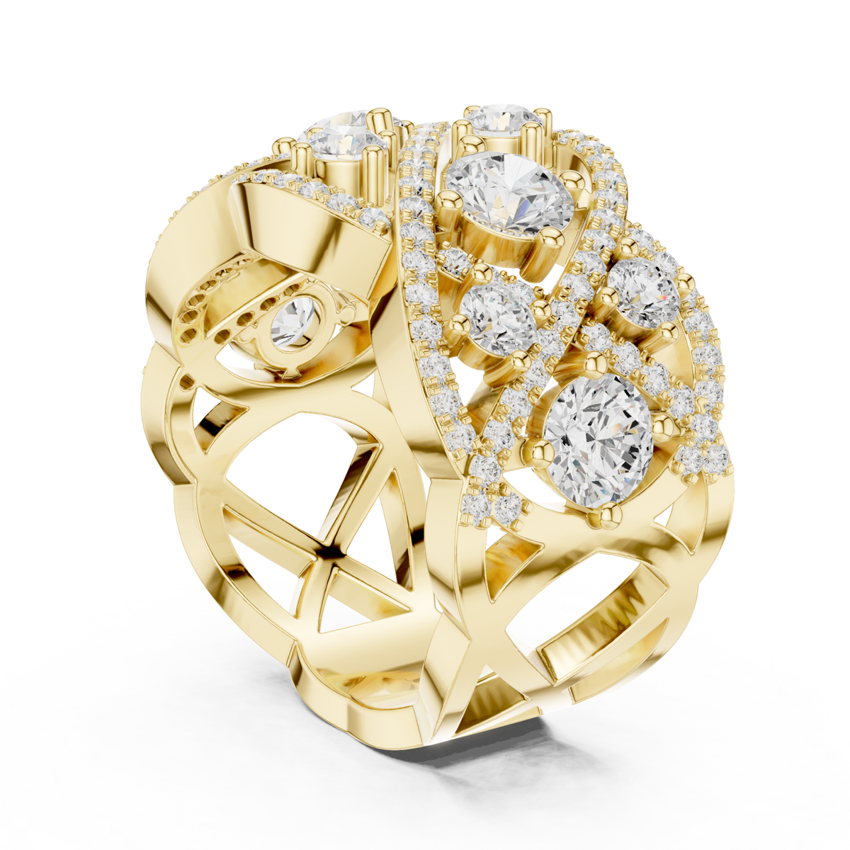 Openwork woven lattice cocktail ring yellow gold side view