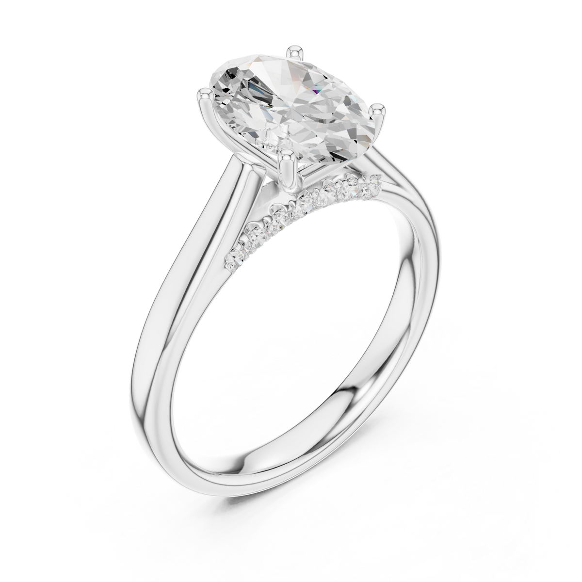 Oval accent shoulder cathedral solitaire engagement ring white gold angle view
