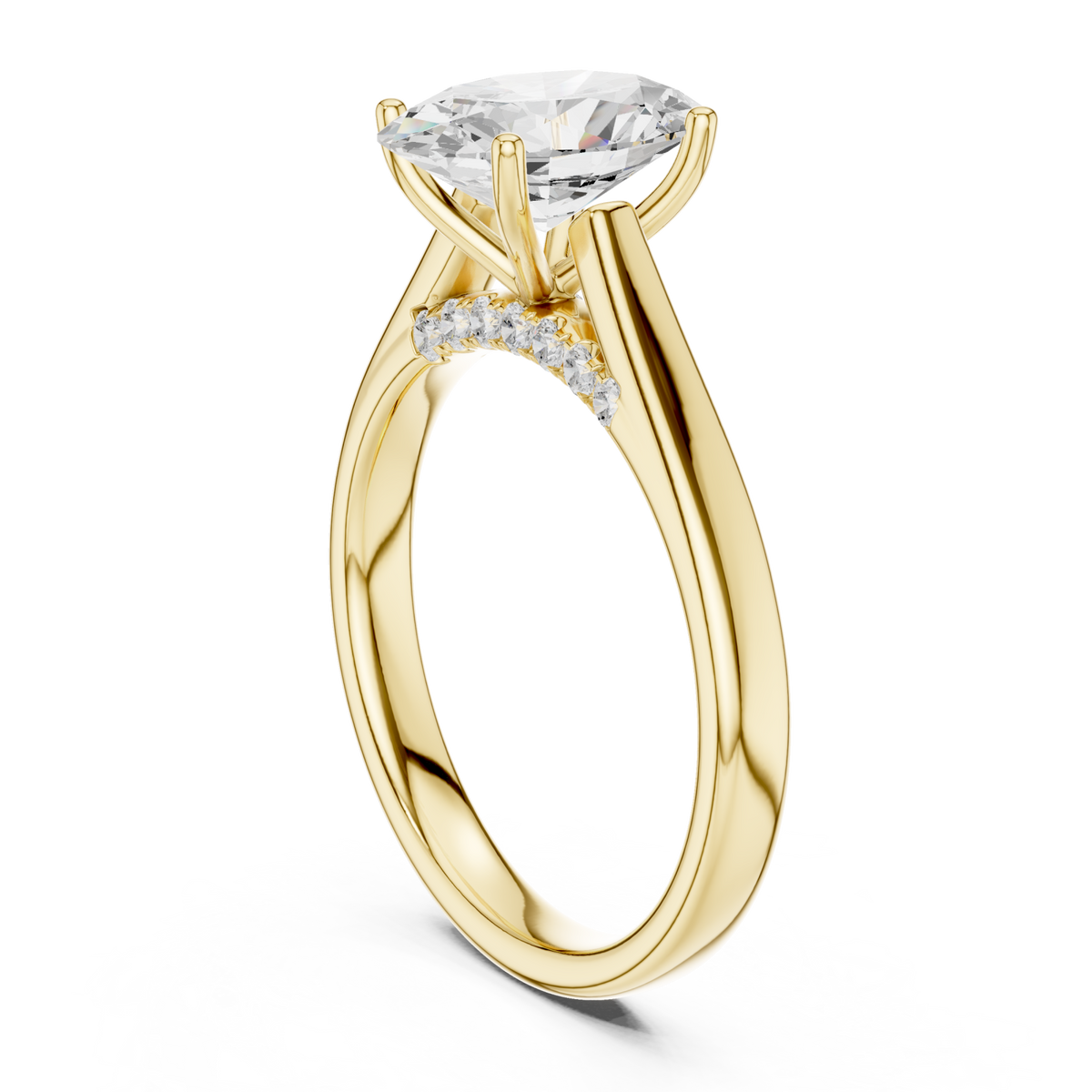 Oval accent shoulder cathedral solitaire engagement ring yellow gold front view