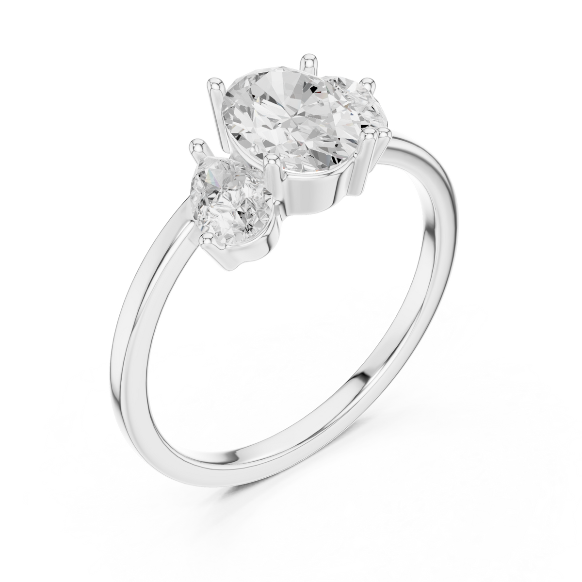 Oval and pear three stone ring white gold front view