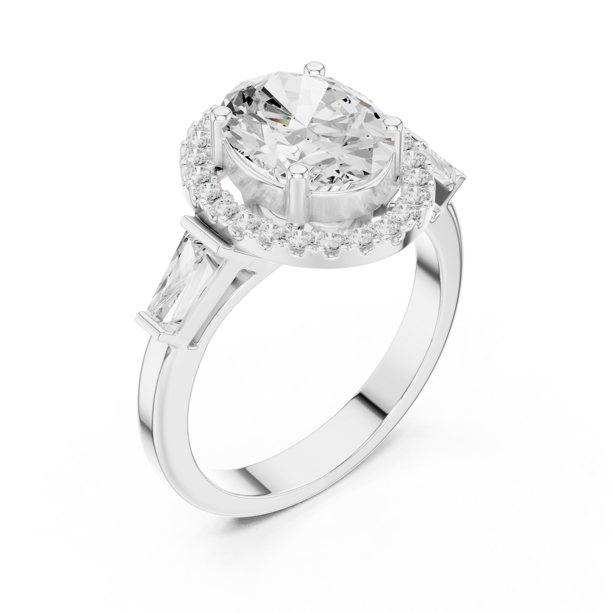 Oval baguette shoulder halo engagement ring white gold angle view