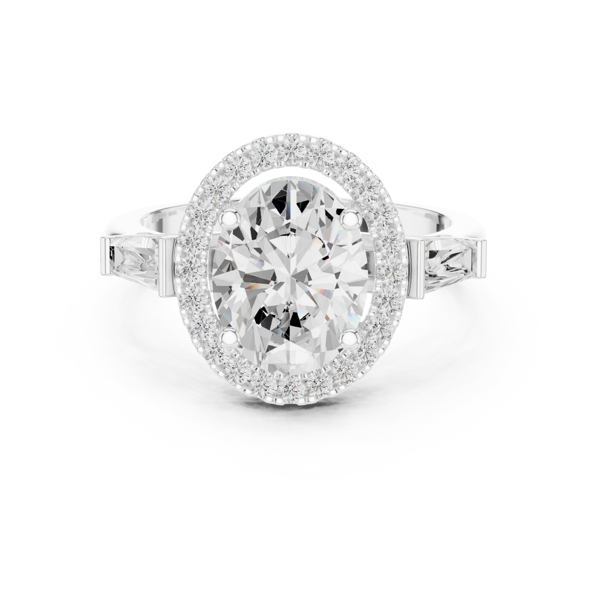 Oval baguette shoulder halo engagement ring white gold detail view