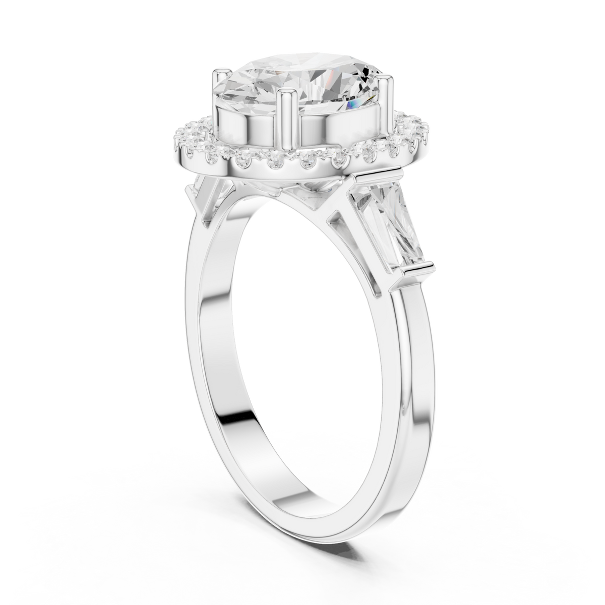 Oval baguette shoulder halo engagement ring white gold front view