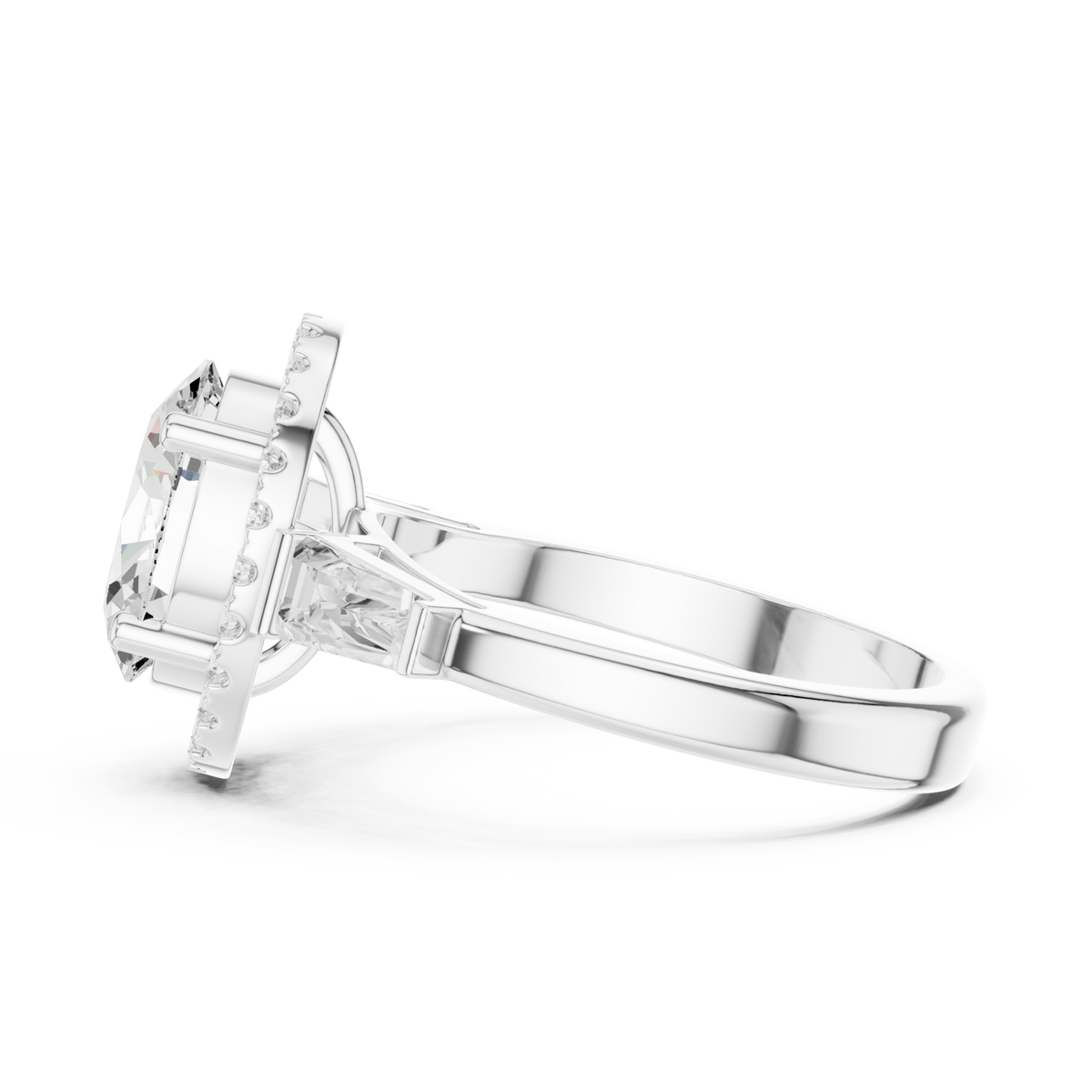Oval baguette shoulder halo engagement ring white gold side view