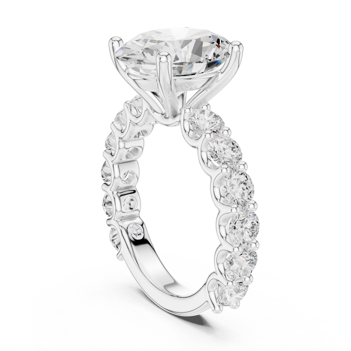 Oval bold shared-prong accent engagement ring white gold front view