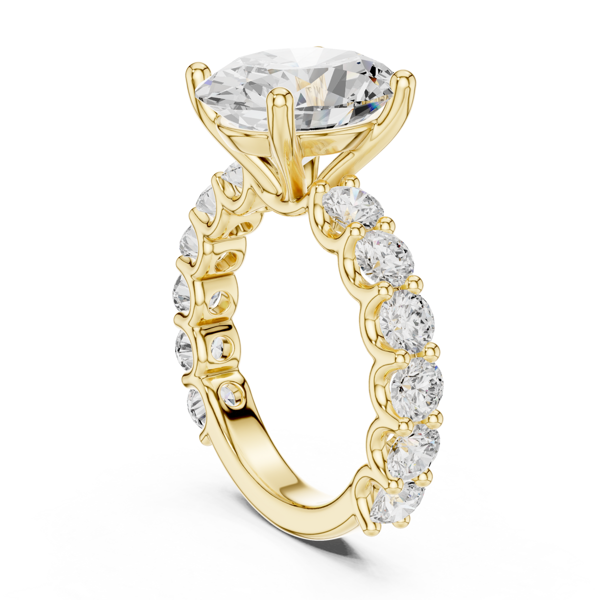 Oval bold shared-prong accent engagement ring yellow gold front view