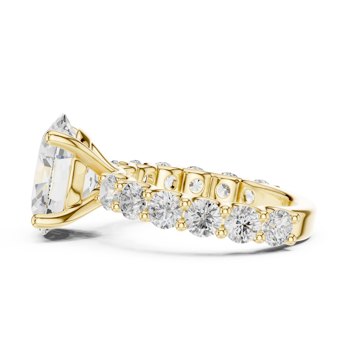 Oval bold shared-prong accent engagement ring yellow gold side view