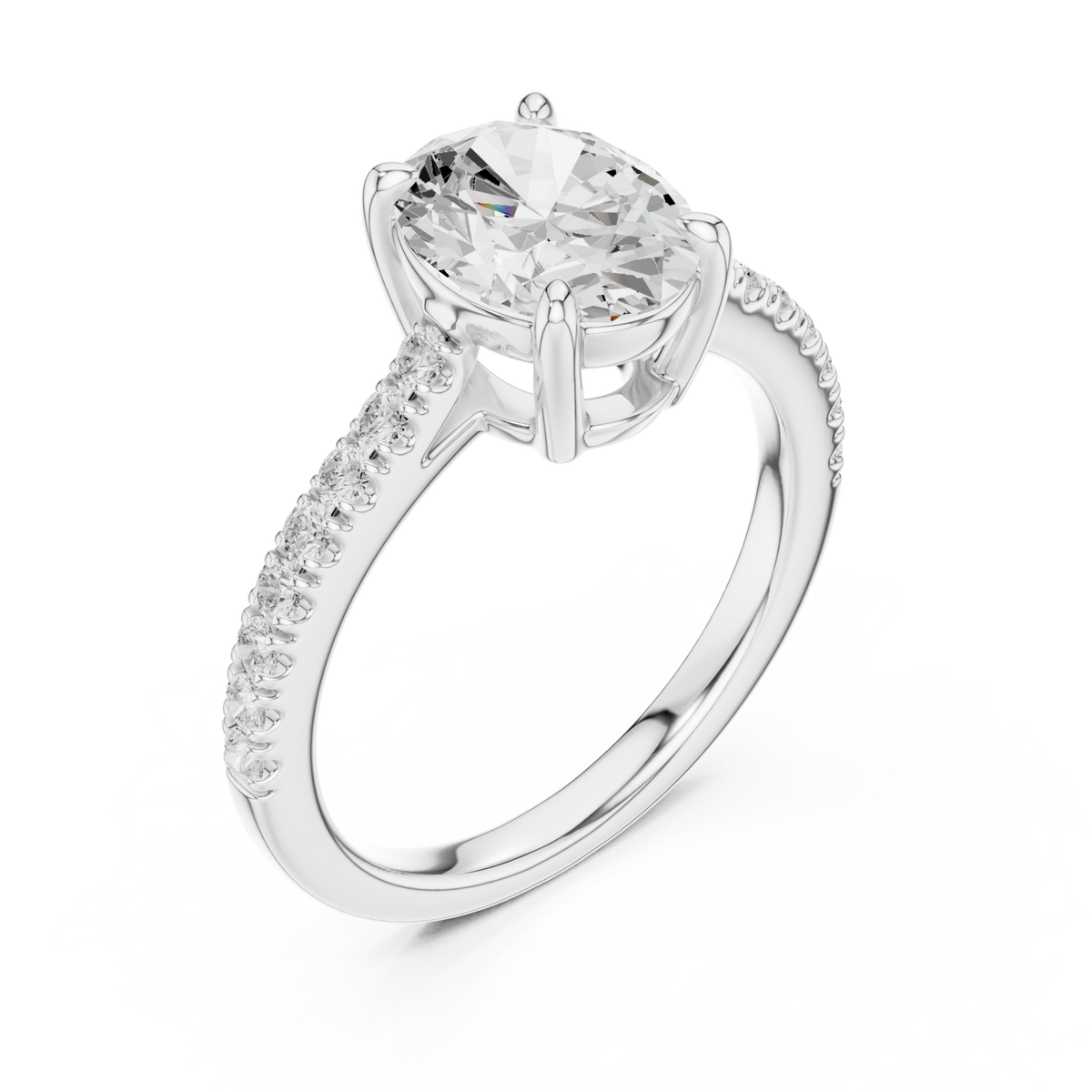 Oval cathedral pave engagement ring white gold angle view