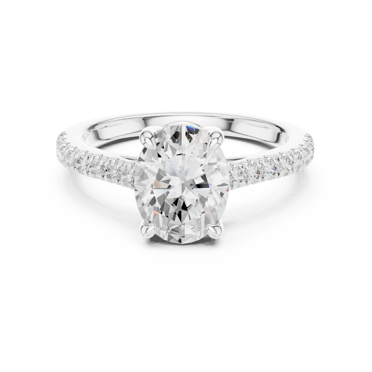 Oval cathedral pave engagement ring white gold detail view