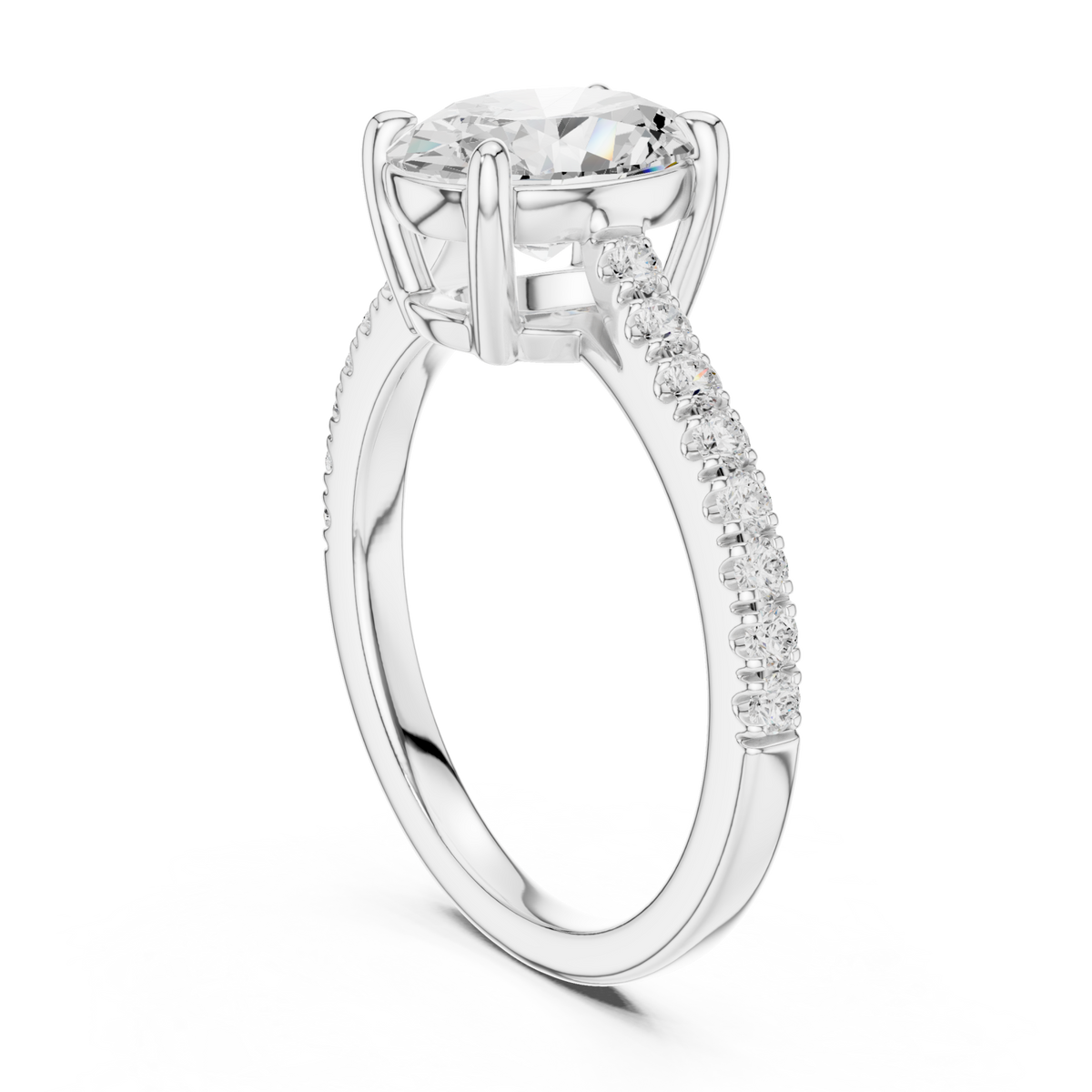 Oval cathedral pave engagement ring white gold front view