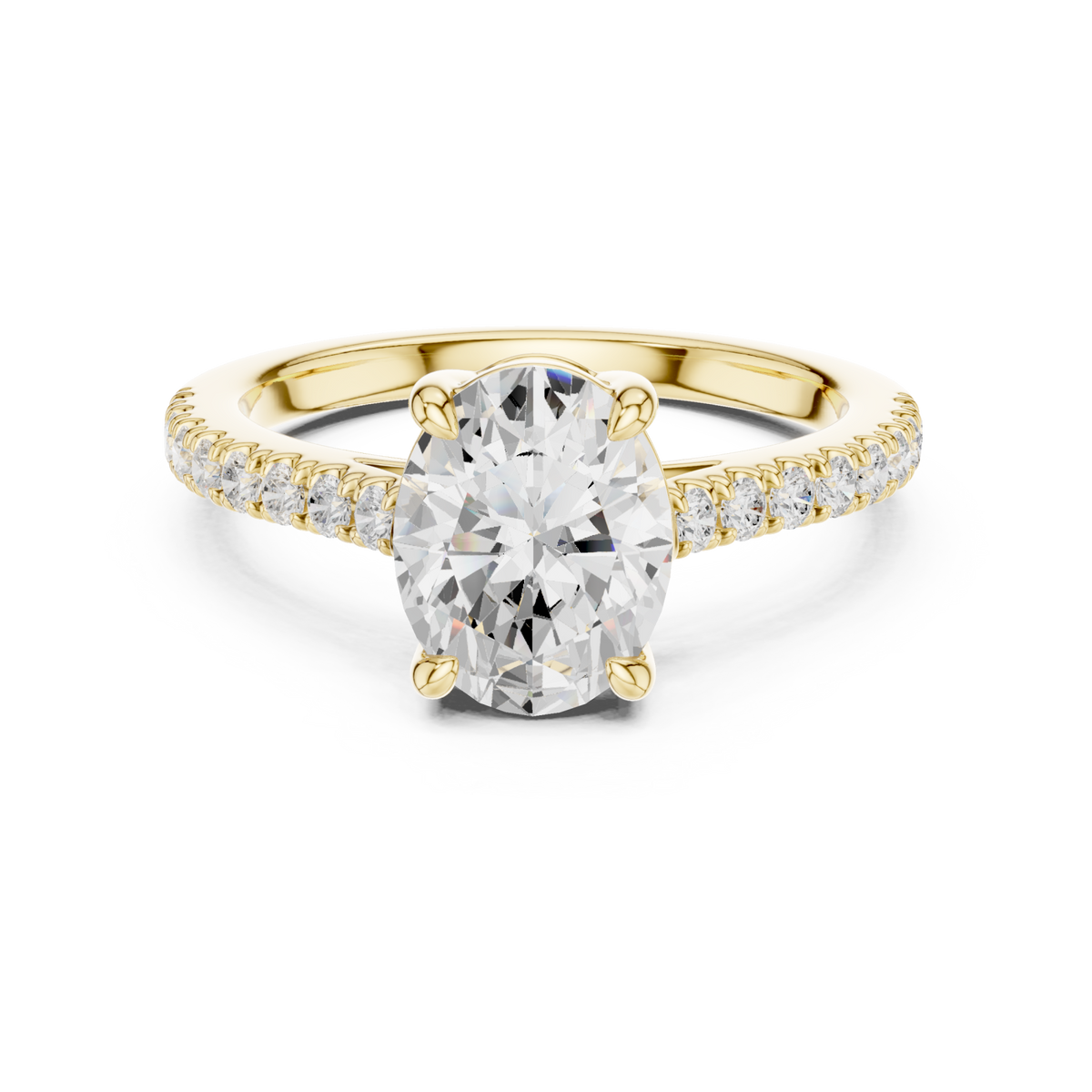 Oval cathedral pave engagement ring yellow gold detail view