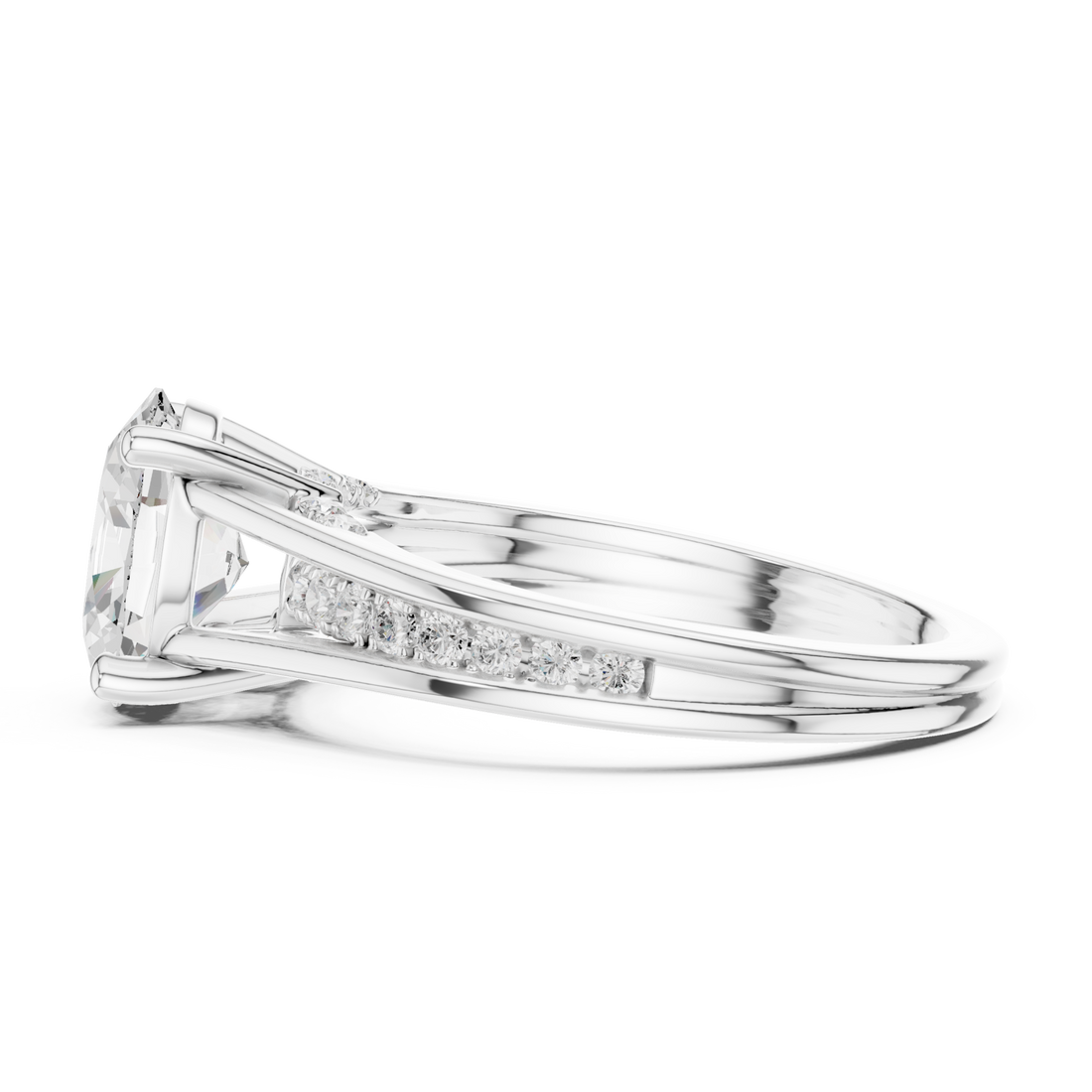 Oval channel shoulder cathedral ring white gold front view