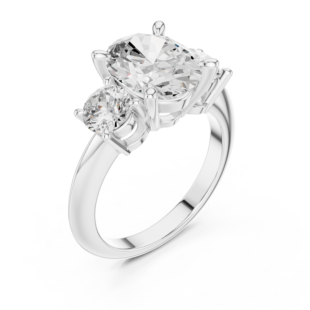 Oval classic three stone engagement ring white gold angle view