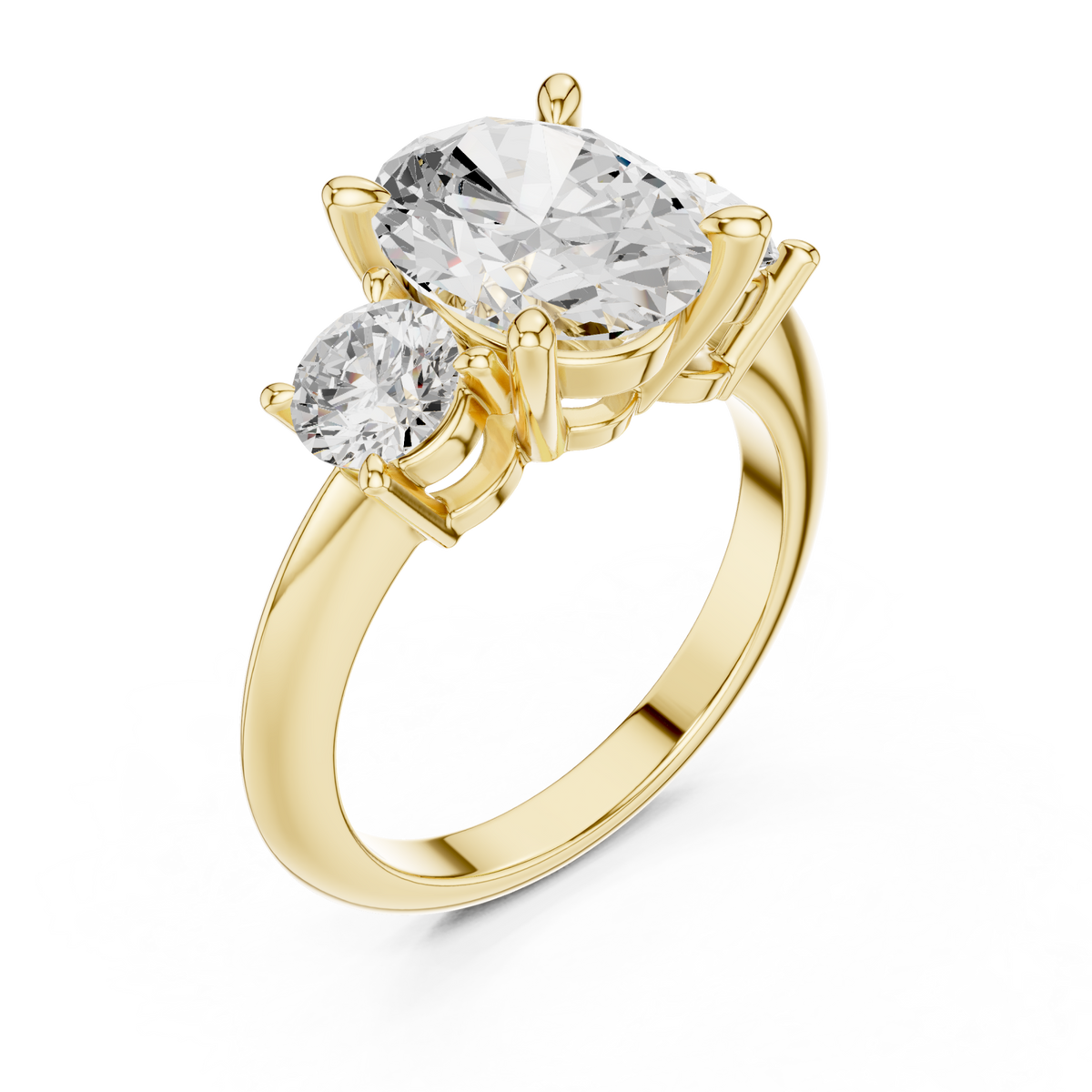Oval classic three stone engagement ring yellow gold angle view