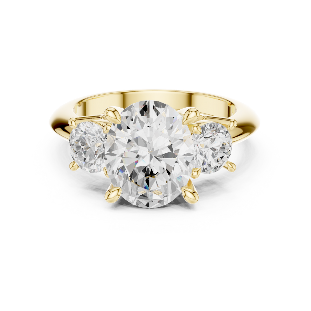 Oval classic three stone engagement ring yellow gold detail view