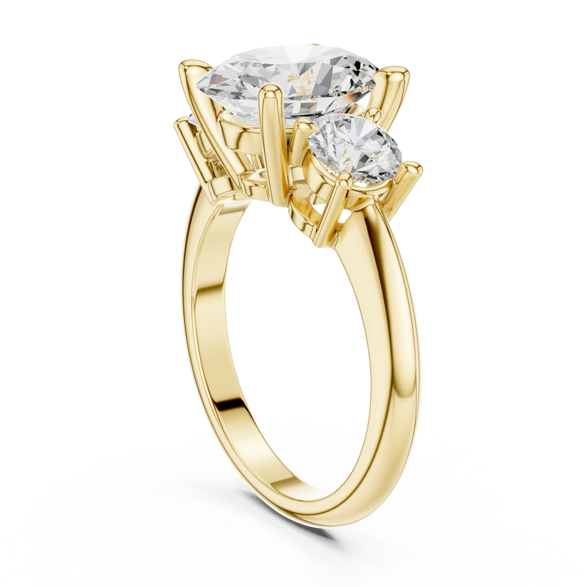 Oval classic three stone engagement ring yellow gold front view