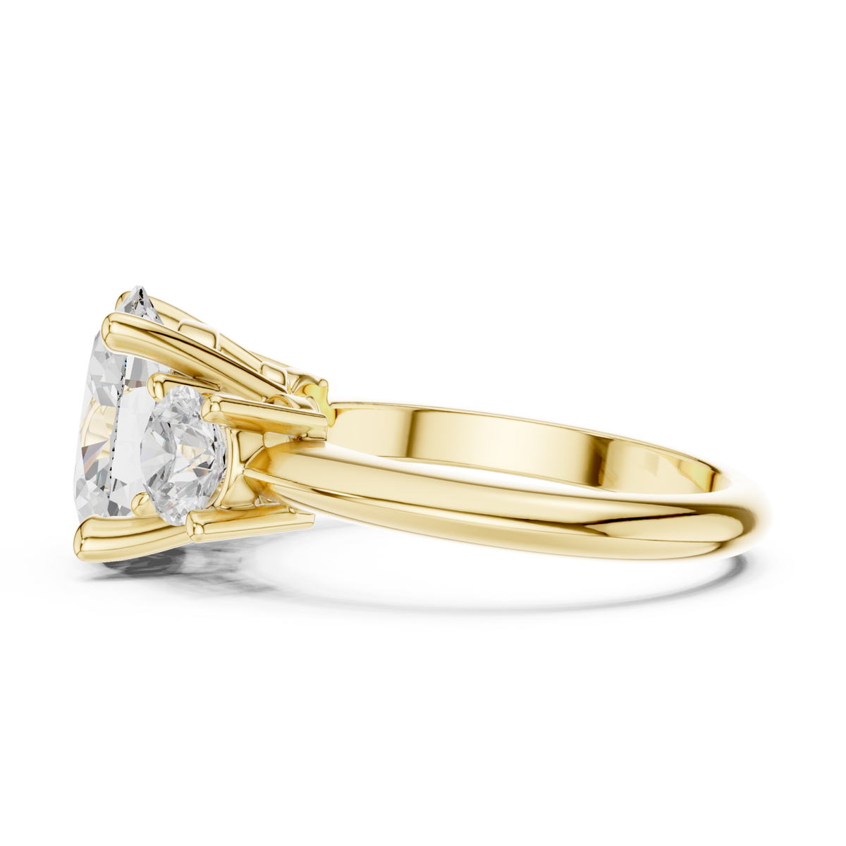 Oval classic three stone engagement ring yellow gold side view