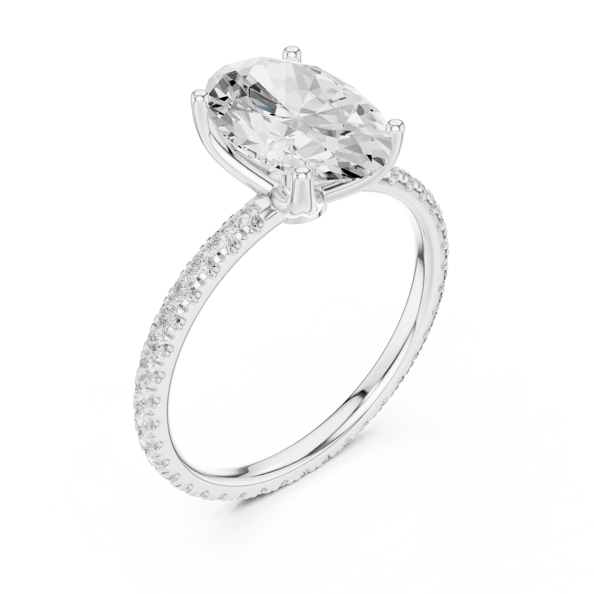 Oval claw-prong pave engagement ring white gold angle view