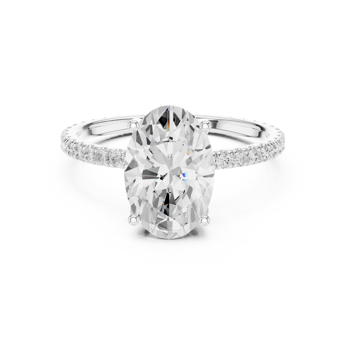 Oval claw-prong pave engagement ring white gold detail view