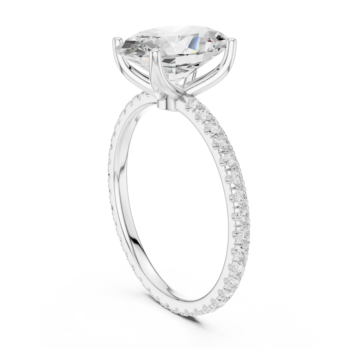 Oval claw-prong pave engagement ring white gold front view