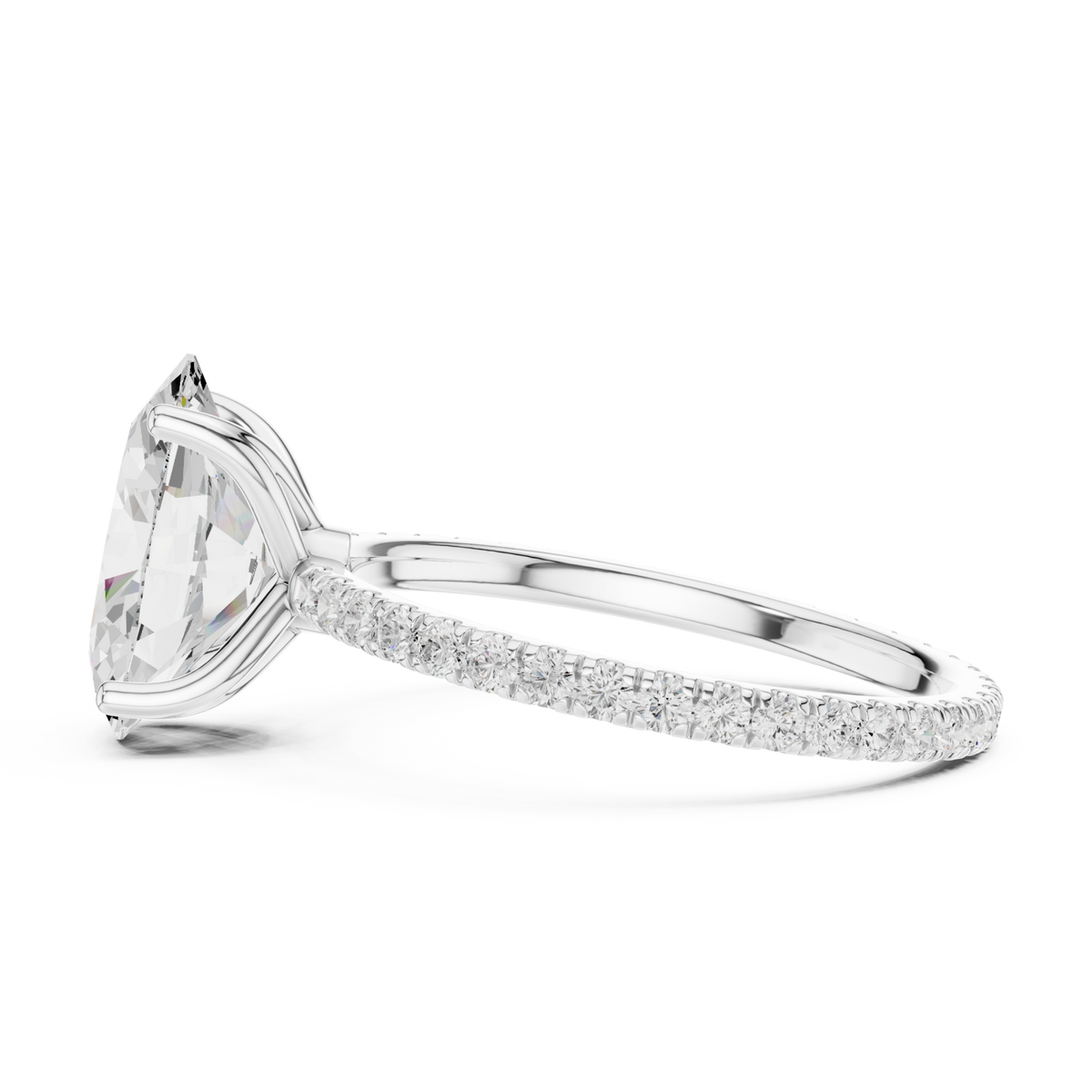 Oval claw-prong pave engagement ring white gold side view
