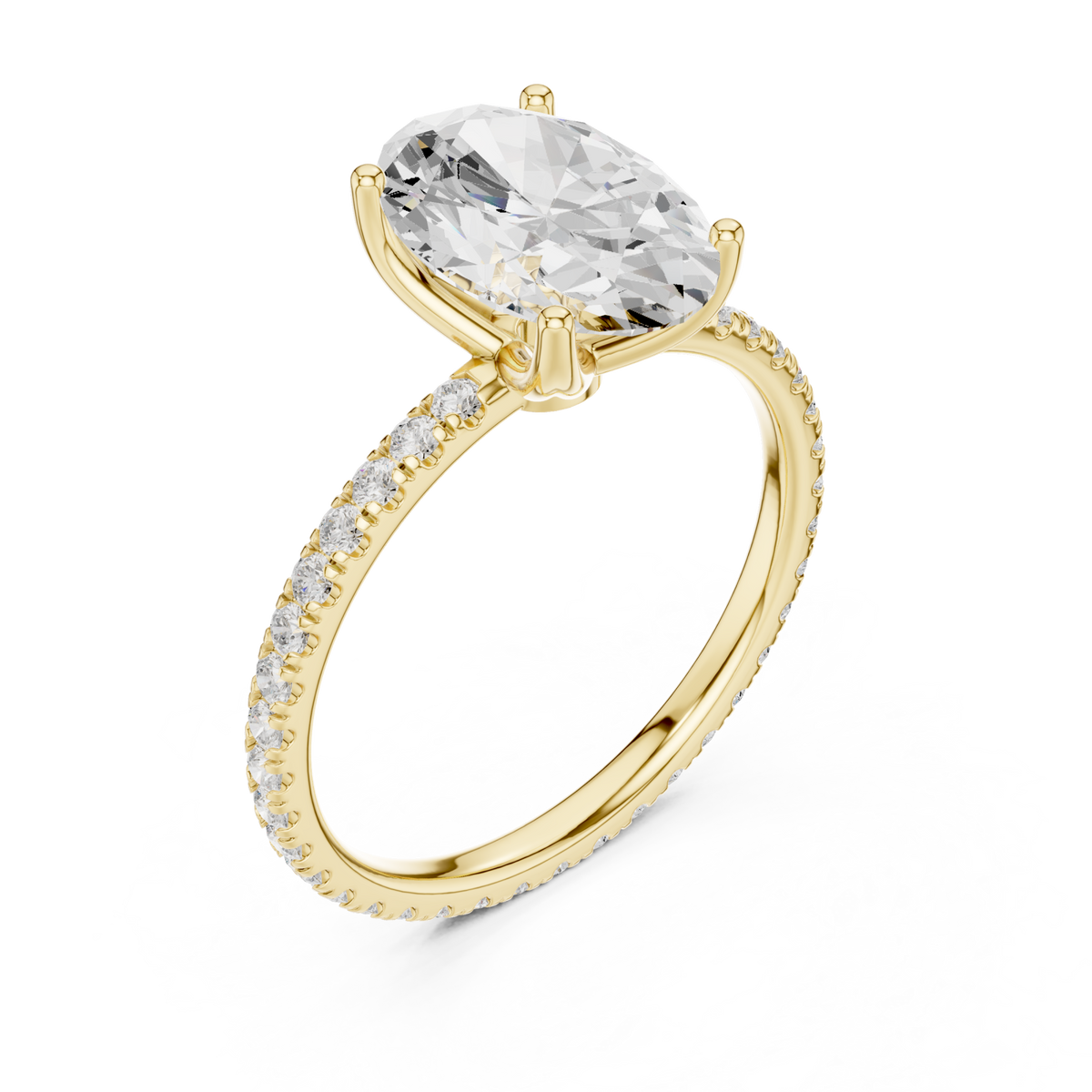 Oval claw-prong pave engagement ring yellow gold angle view
