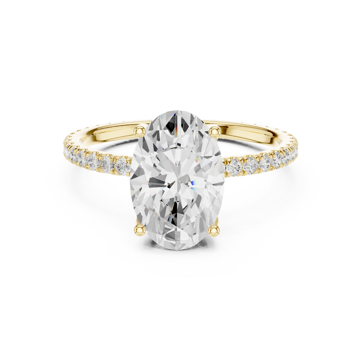 Oval claw-prong pave engagement ring yellow gold detail view
