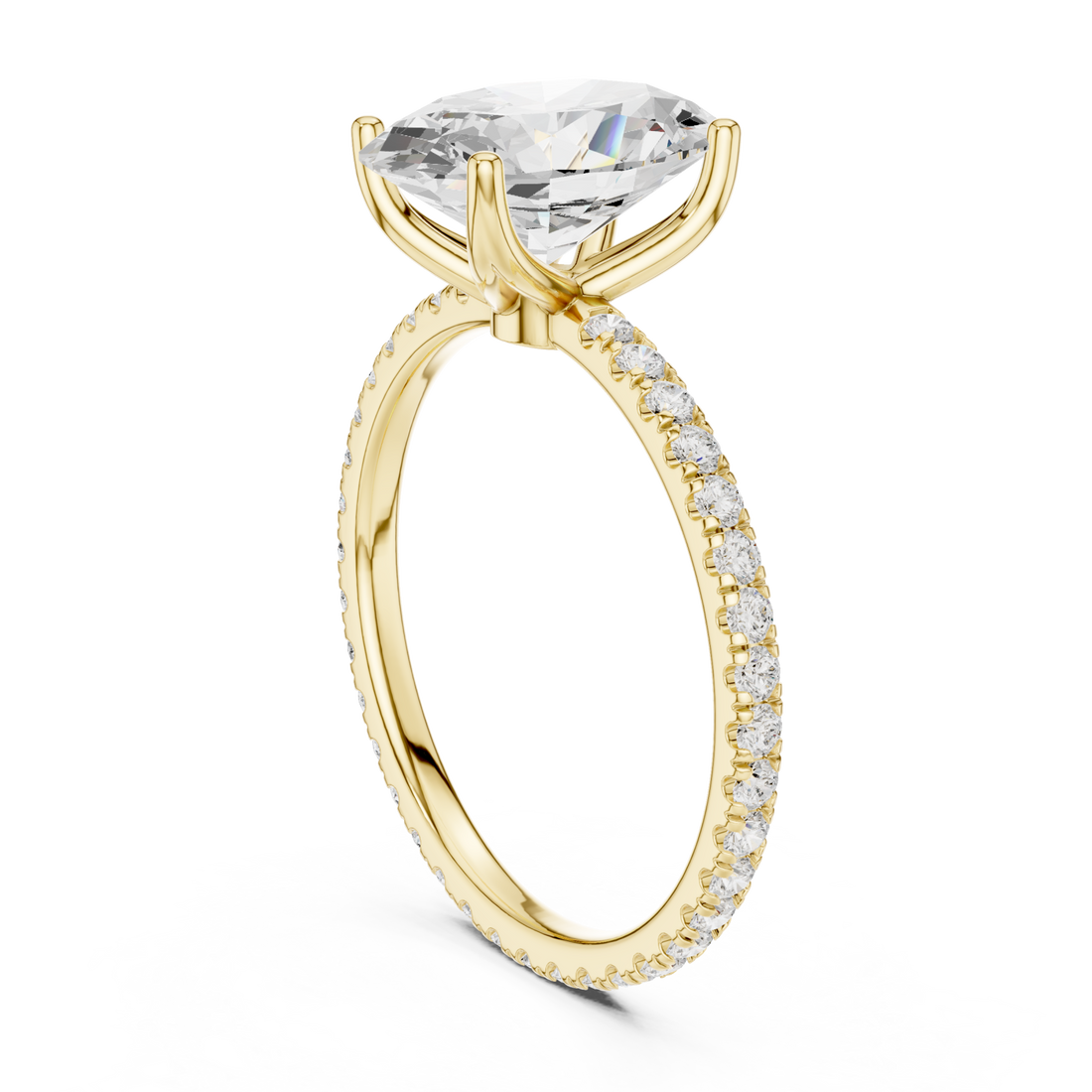 Oval claw-prong pave engagement ring yellow gold front view