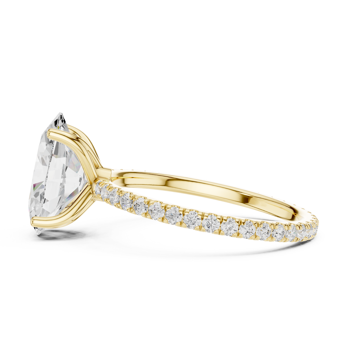 Oval claw-prong pave engagement ring yellow gold side view