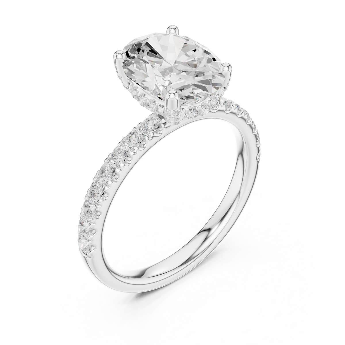 Oval compass hidden halo pave engagement ring white gold angle view