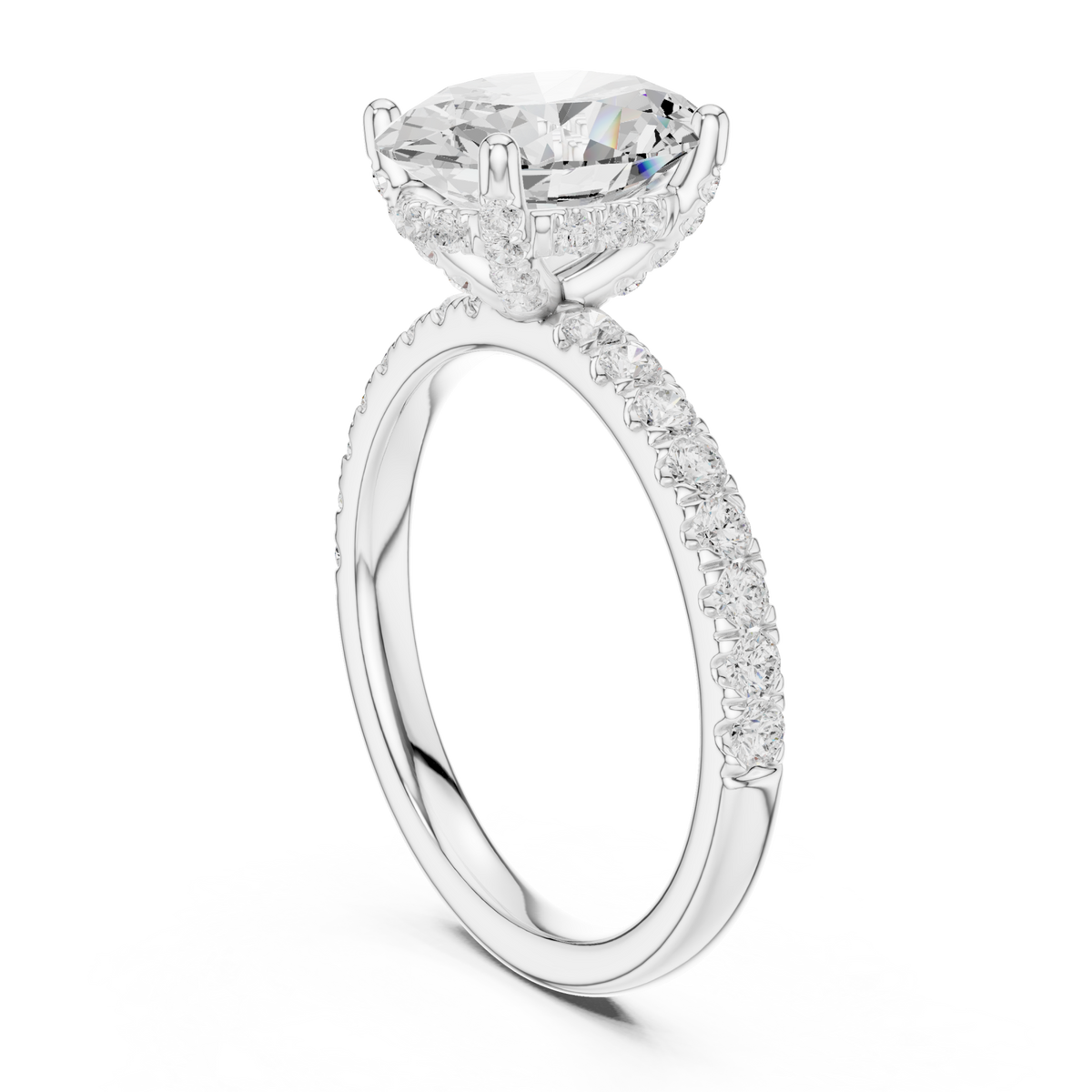 Oval compass hidden halo pave engagement ring white gold front view