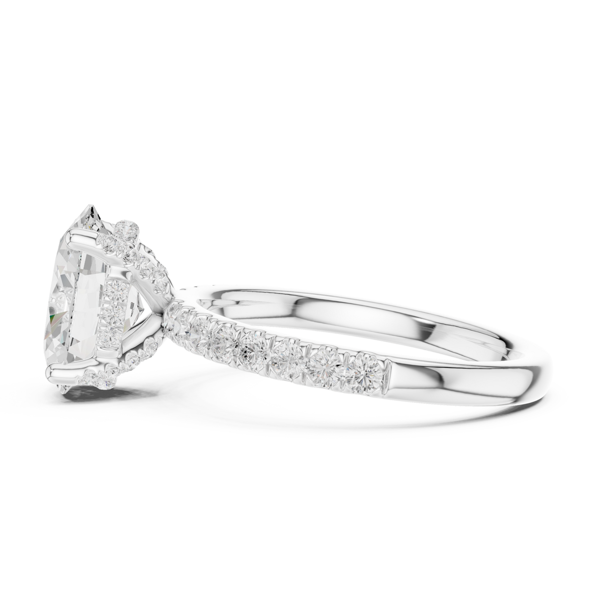 Oval compass hidden halo pave engagement ring white gold side view