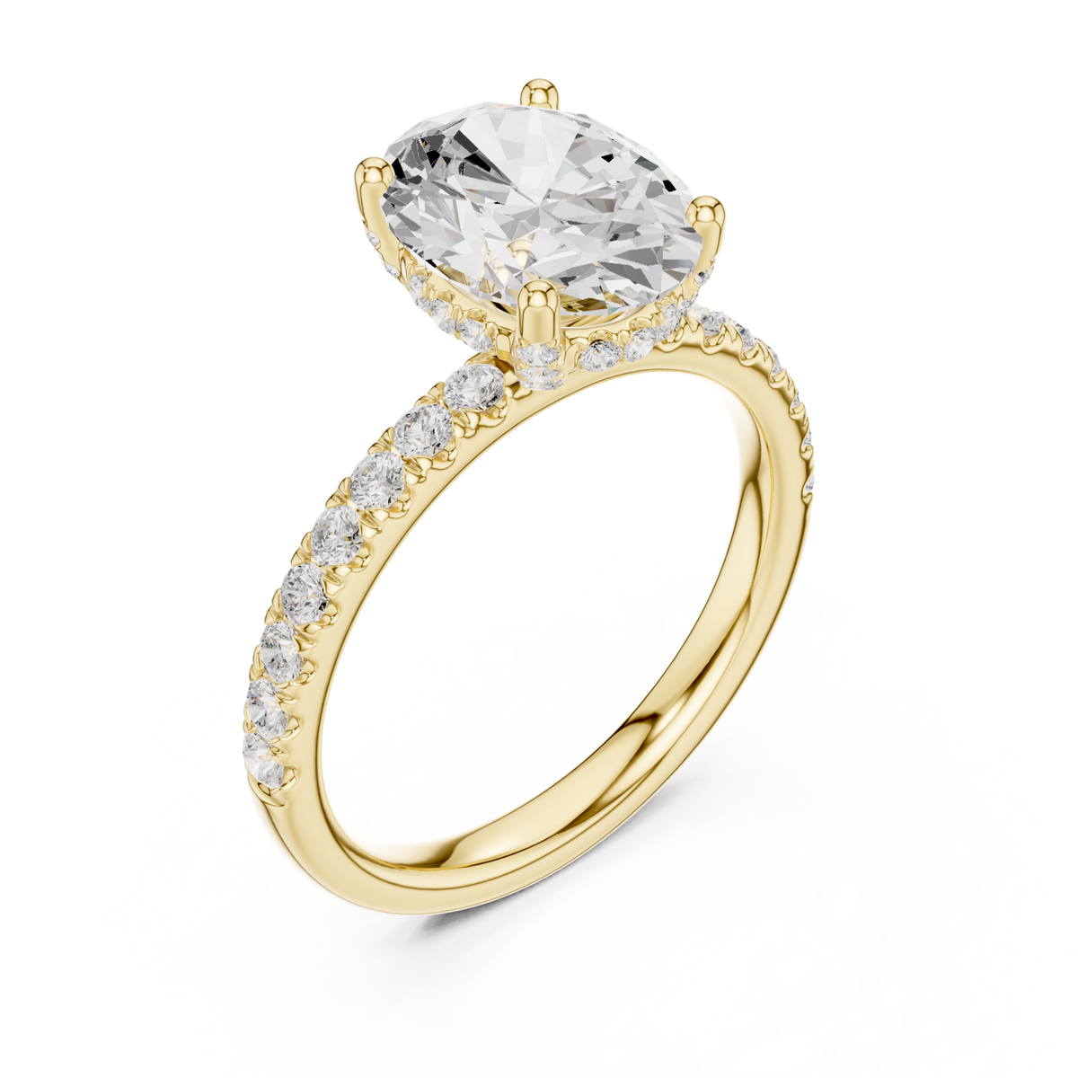Oval compass hidden halo pave engagement ring yellow gold angle view