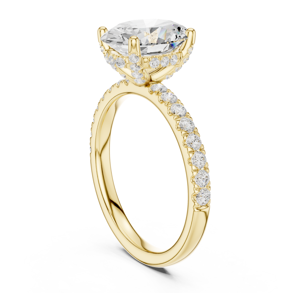 Oval compass hidden halo pave engagement ring yellow gold front view