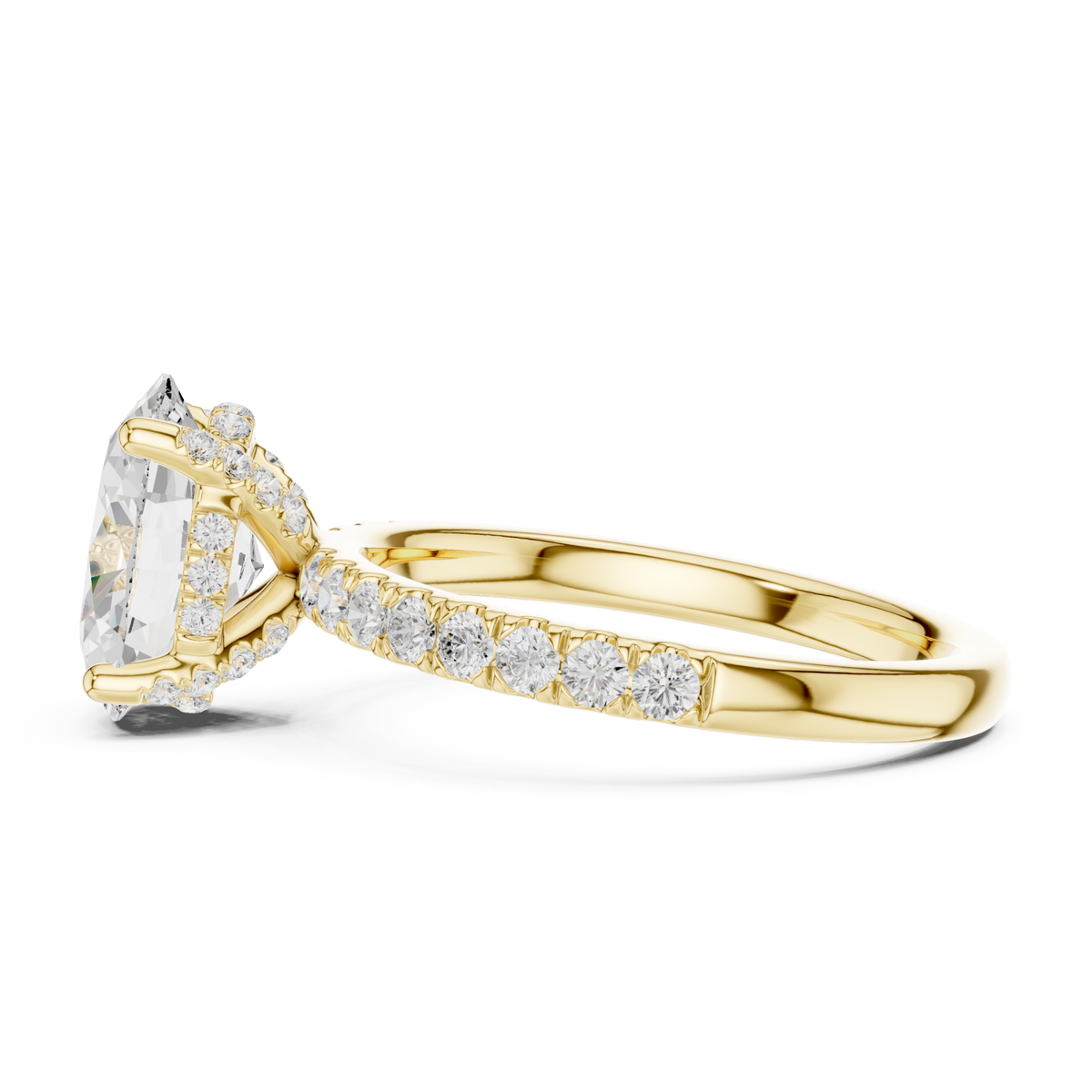 Oval compass hidden halo pave engagement ring yellow gold side view