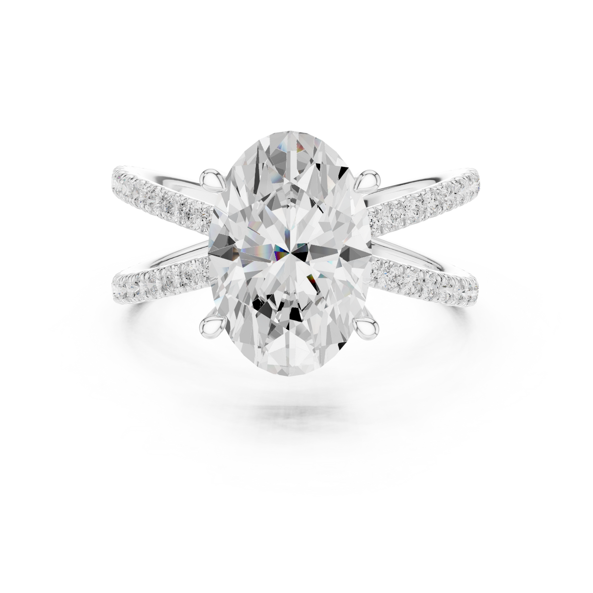 Oval crossover pave engagement ring white gold detail view