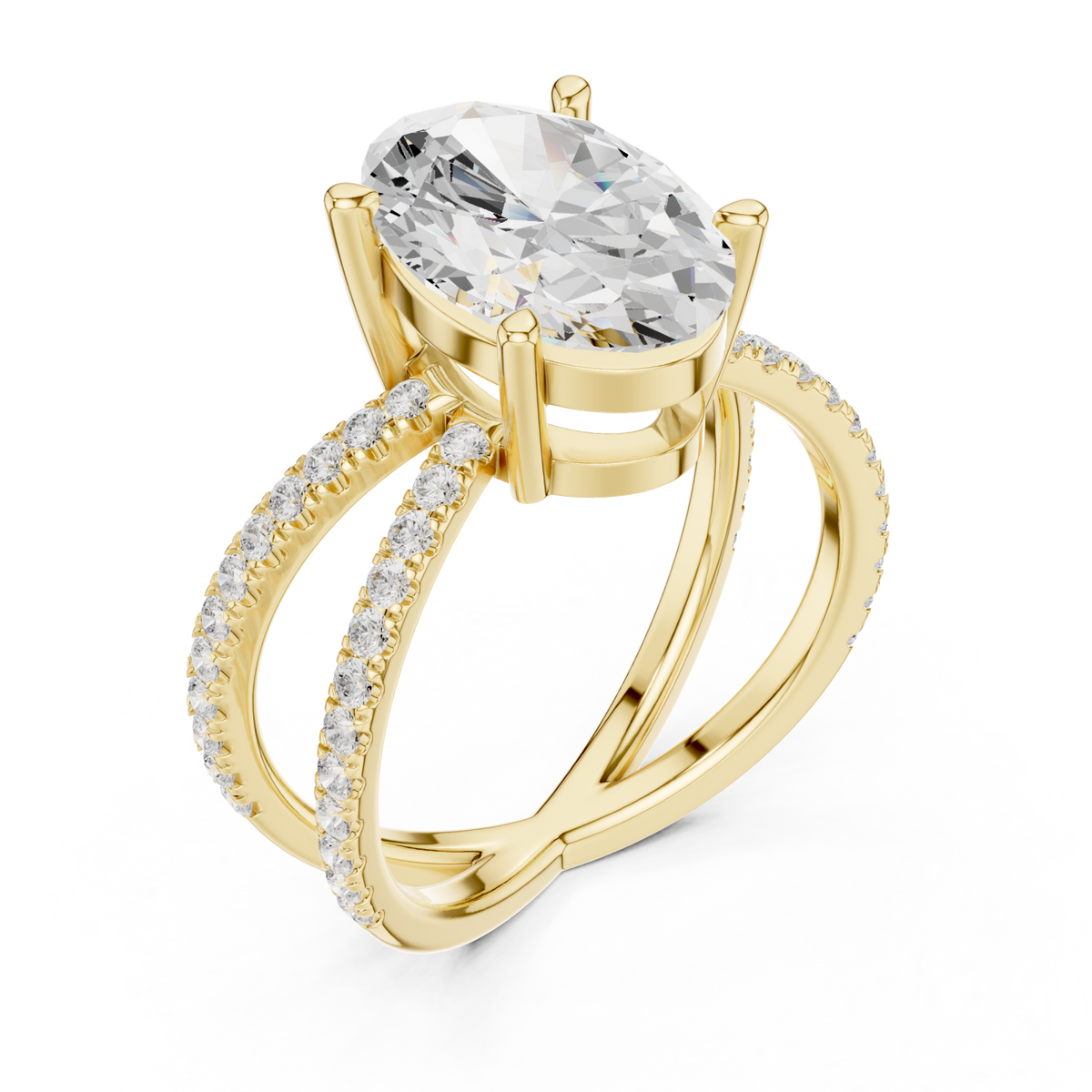 Oval crossover pave engagement ring yellow gold angle view