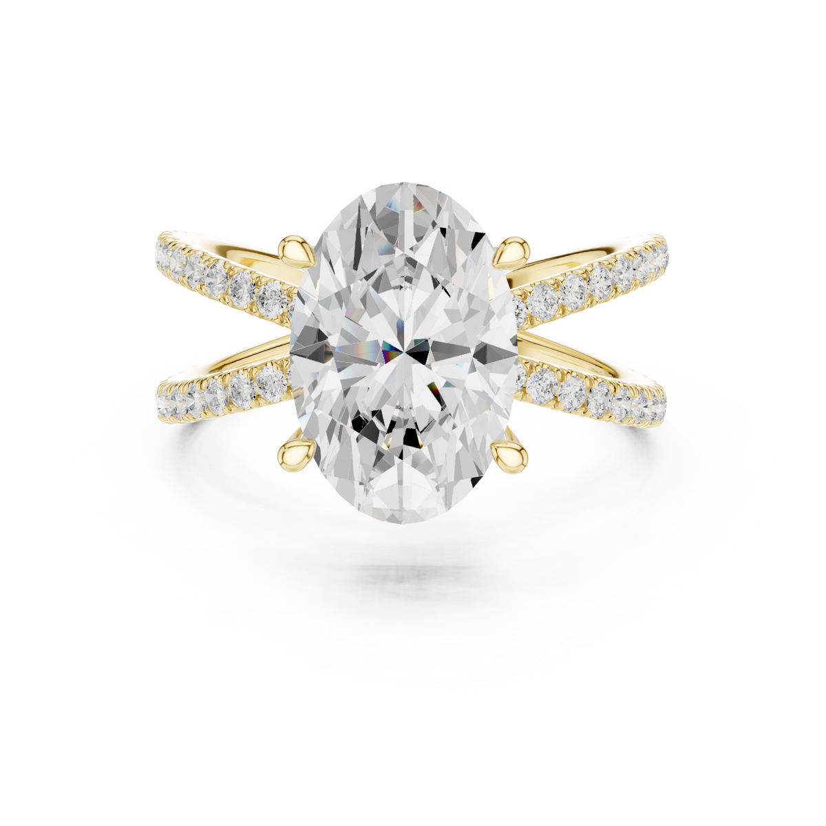 Oval crossover pave engagement ring yellow gold detail view