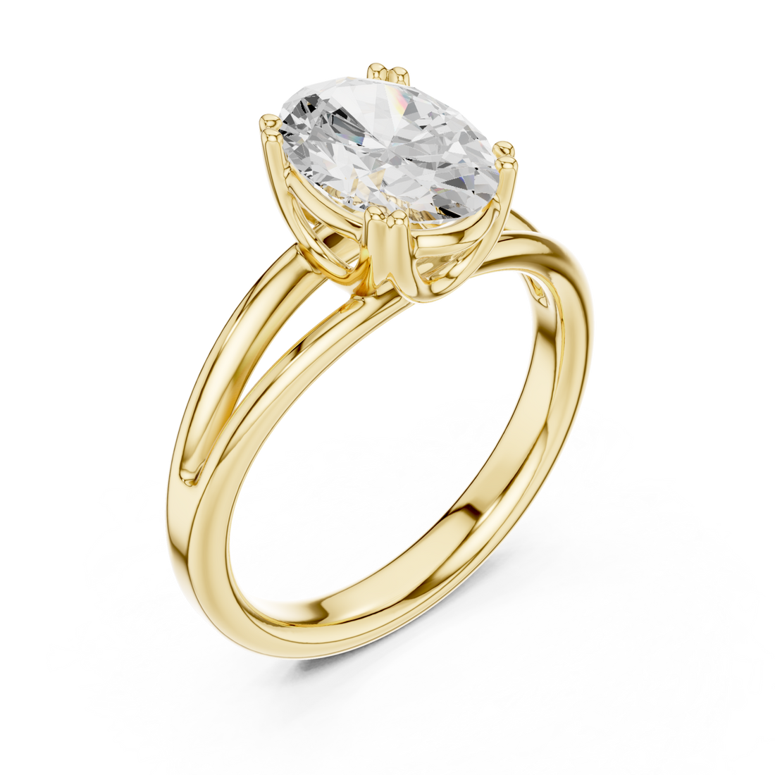 Oval crossover split shank solitaire engagement ring yellow gold front view