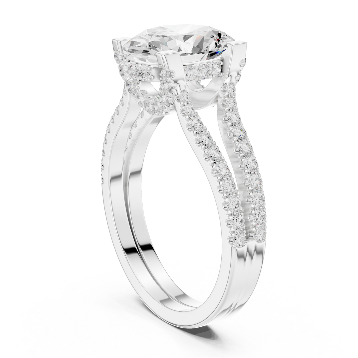 Oval curved split shank pave engagement ring white gold front view