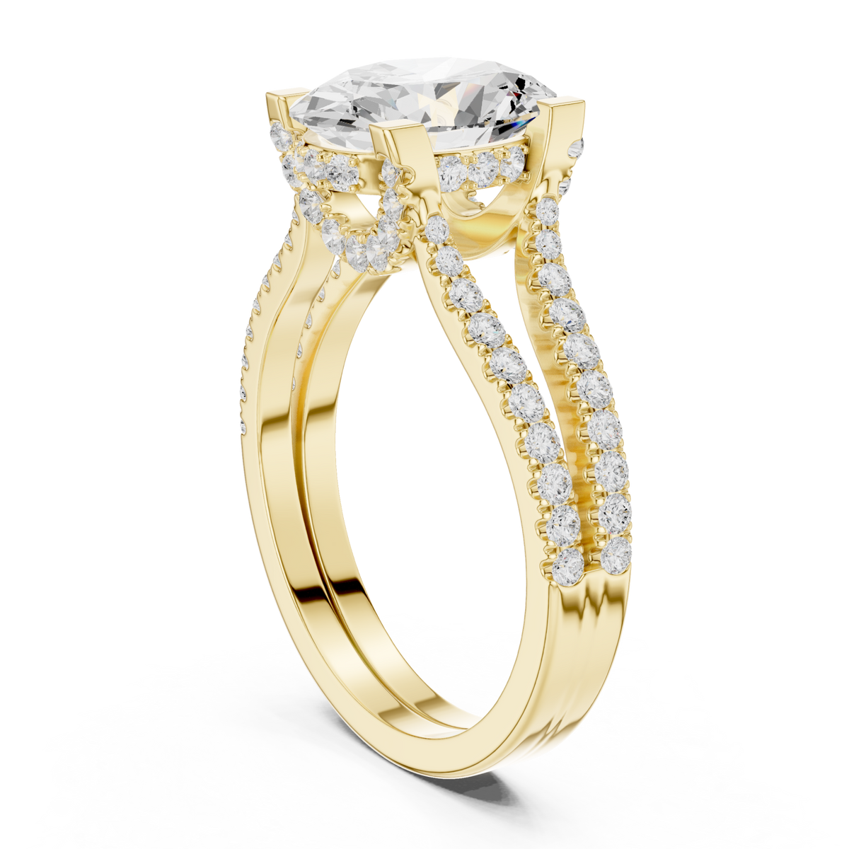 Oval curved split shank pave engagement ring yellow gold front view