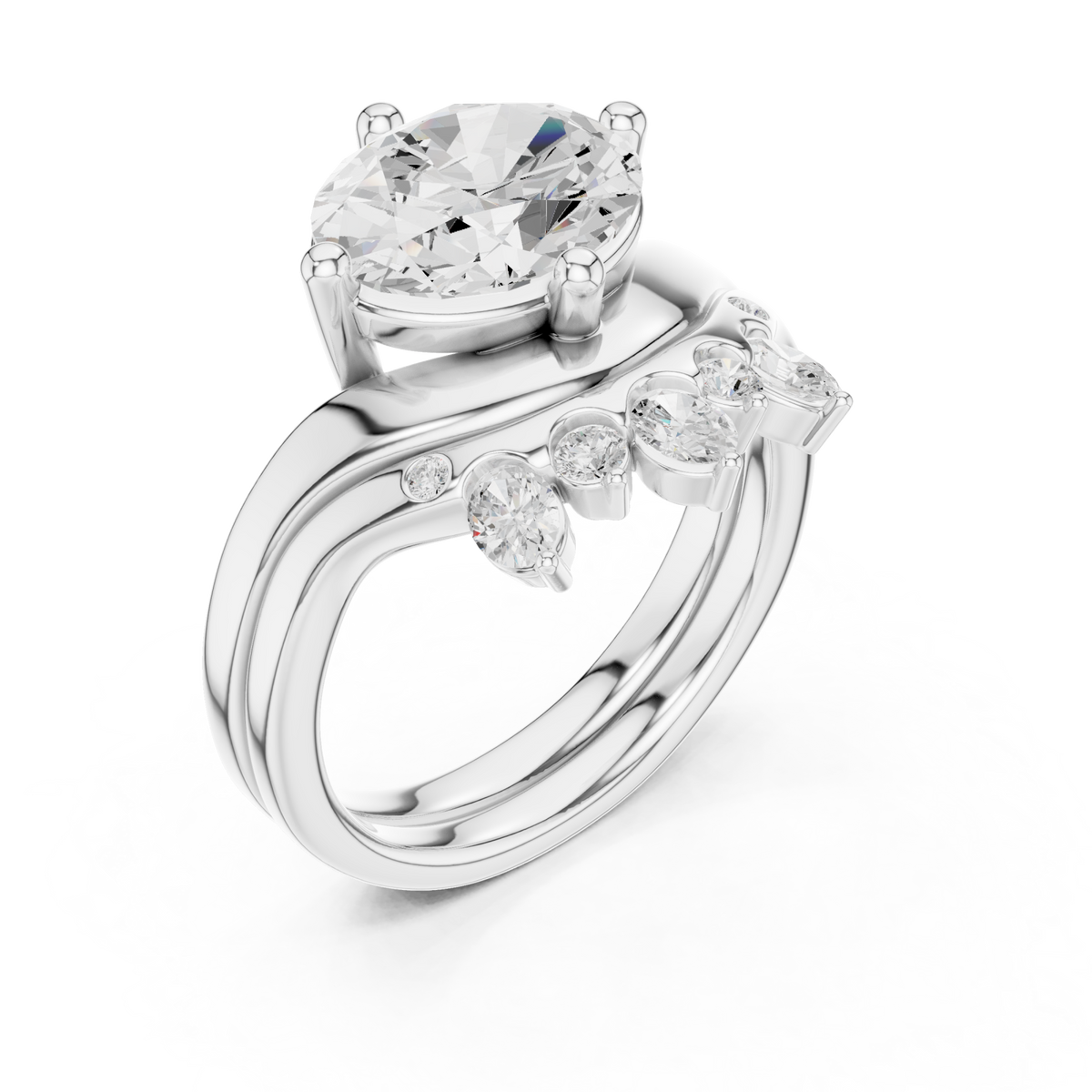 Oval cut diamond solitaire scatter band bridal set white gold front view