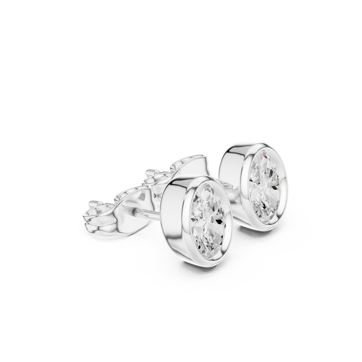  White Gold Oval Diamond Bezel Stud Earrings Front View