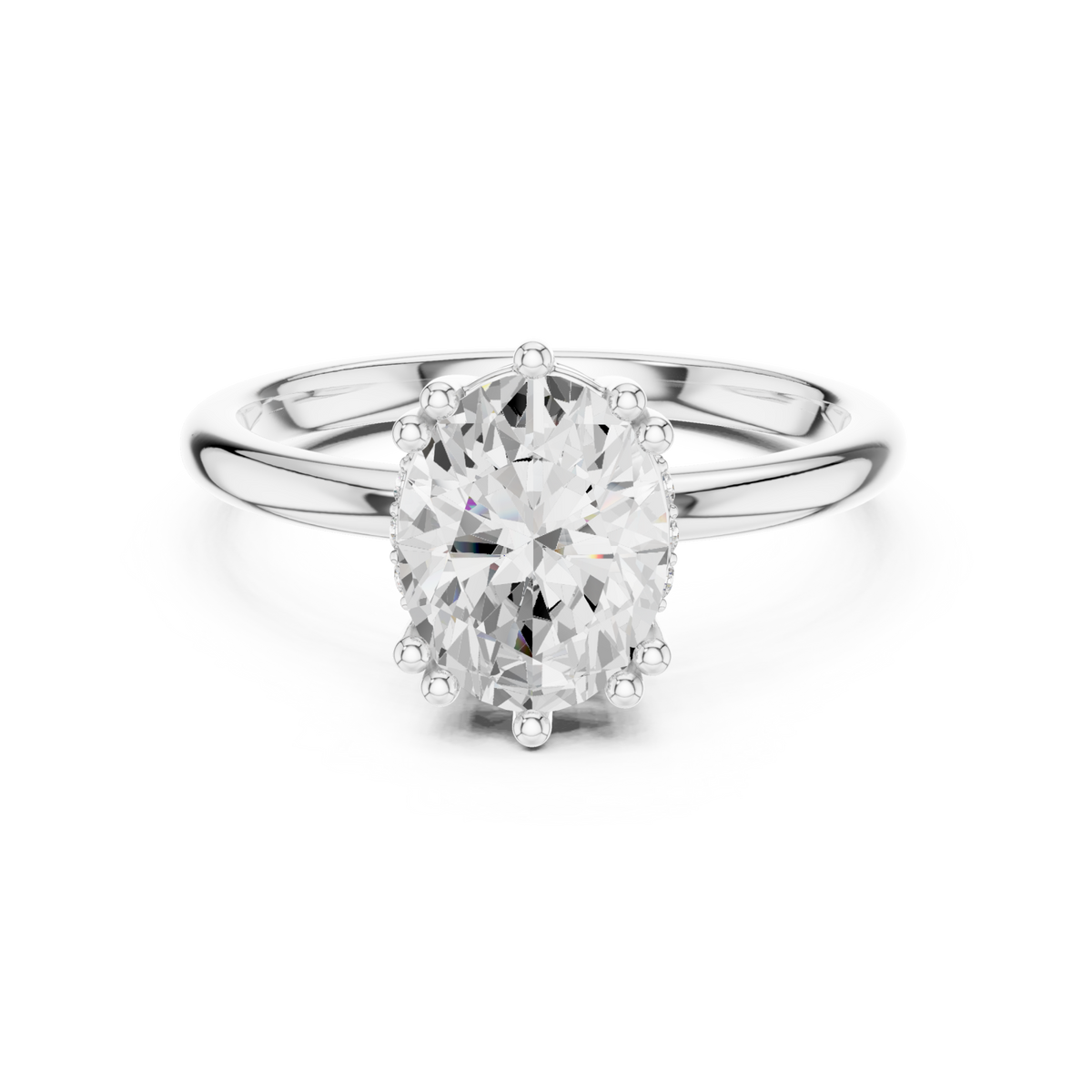 Oval eight-prong crown solitaire engagement ring white gold detail view