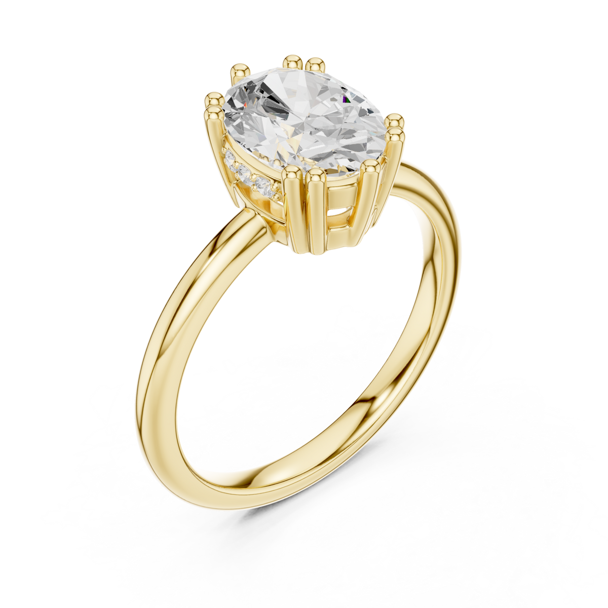 Oval eight-prong crown solitaire engagement ring yellow gold angle view